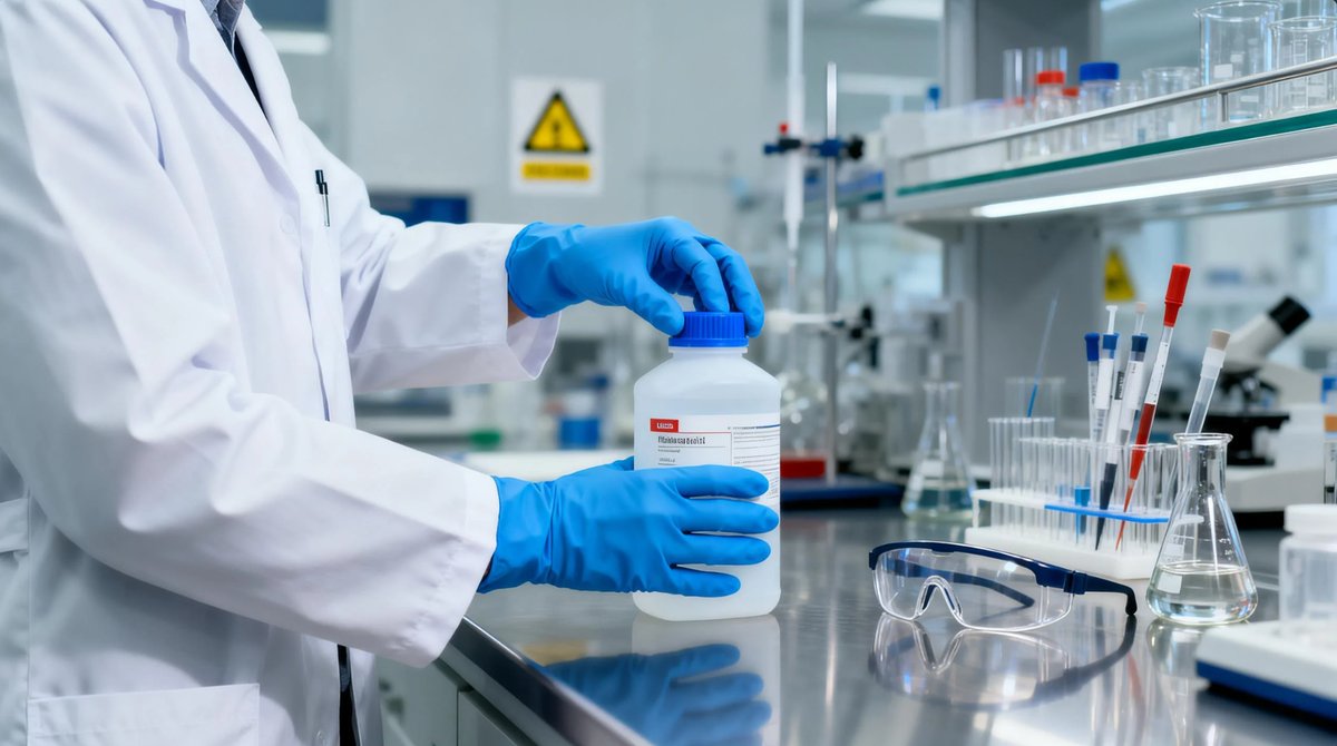 Laboratory technician wearing nitrile gloves handling chemical reagents demonstrating chemical resistance