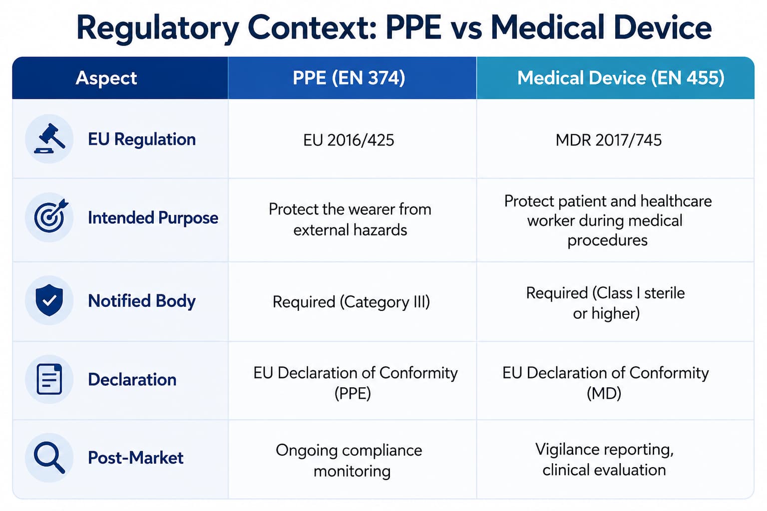 Infographic comparing EN 374 PPE regulations and EN 455 medical device requirements, including EU legislation, intended use, notified body certification, declaration of conformity, and post-market compliance obligations for disposable gloves.