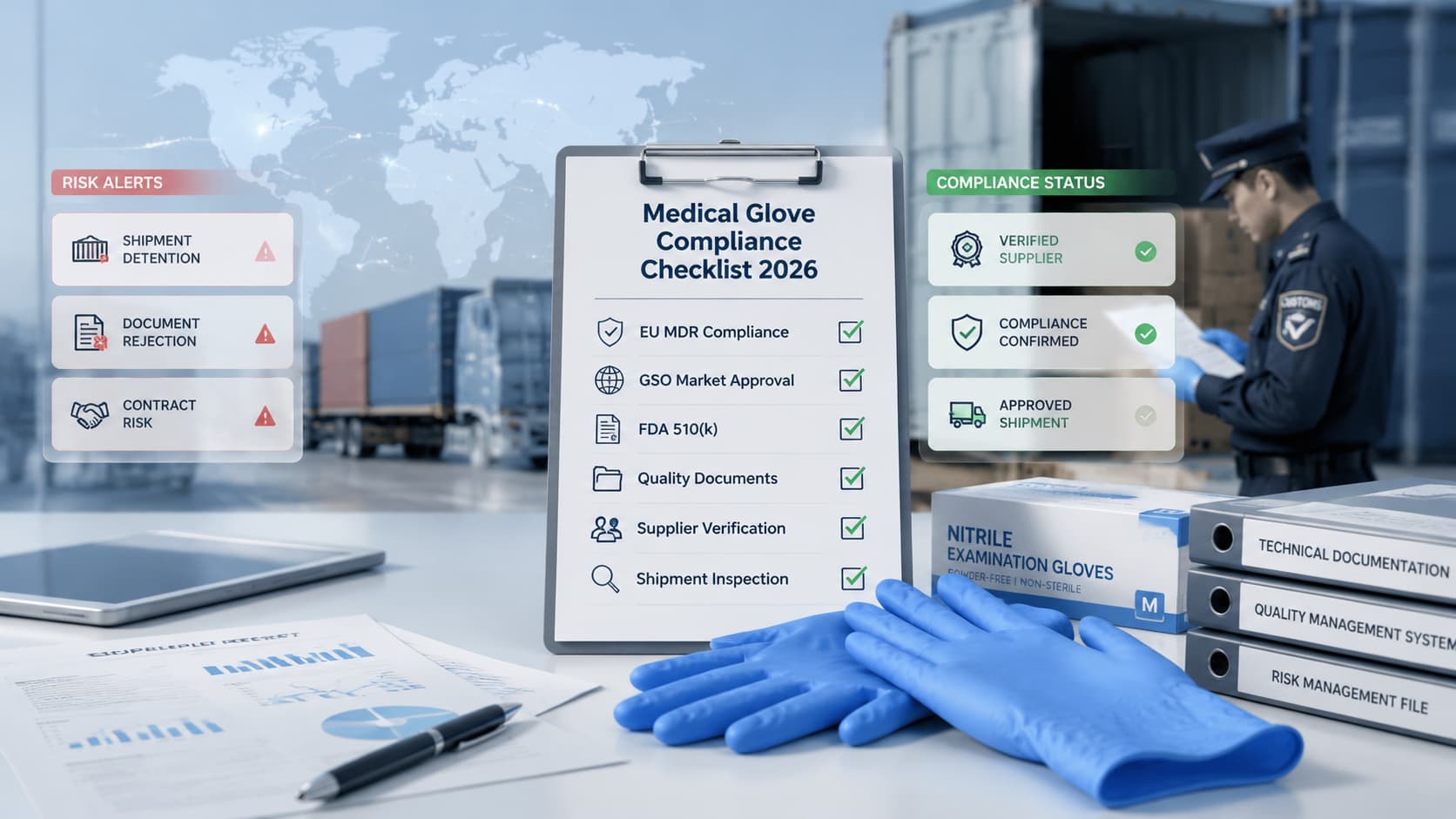 Medical glove procurement compliance checklist showing EU MDR, GSO, and FDA regulatory verification to reduce shipment risks in 2026