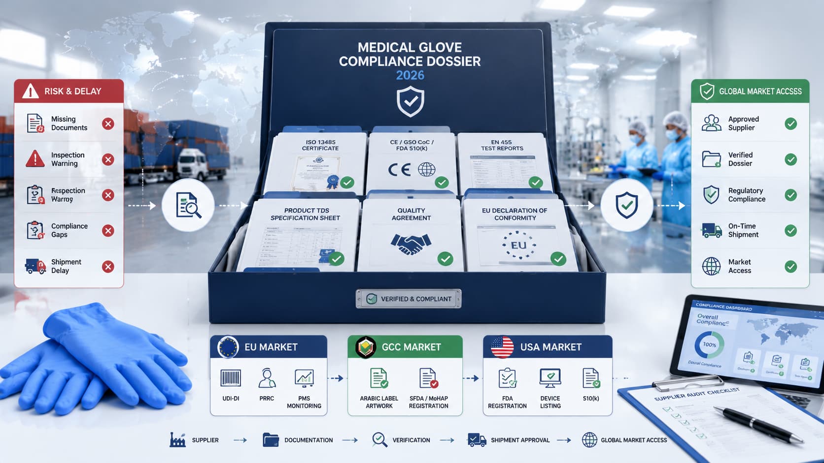 A professional illustration showing how medical glove importers organize compliance dossiers with certificates, test reports, technical documents, and regulatory records to reduce procurement risks and support global market access.