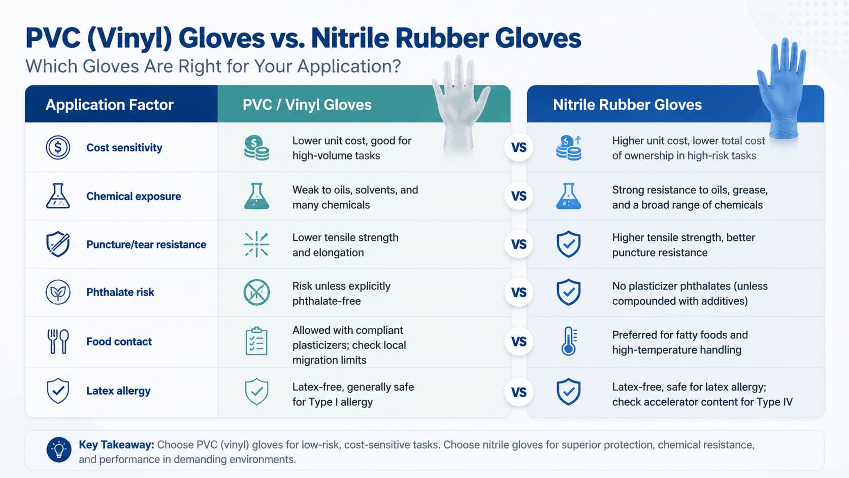 Comparison infographic between PVC vinyl gloves and nitrile rubber gloves showing differences in cost sensitivity, chemical resistance, puncture protection, food contact suitability and latex allergy considerations.